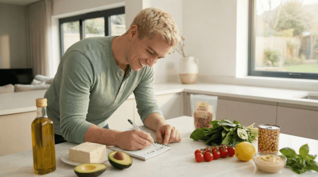 A person planning a weekly vegan menu