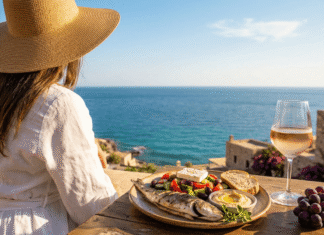 Mediterranean Diet Guide: Food List, Benefits & 7-Day Meal Plan Woman at the seaside with a plate of mediterranean food in front of her