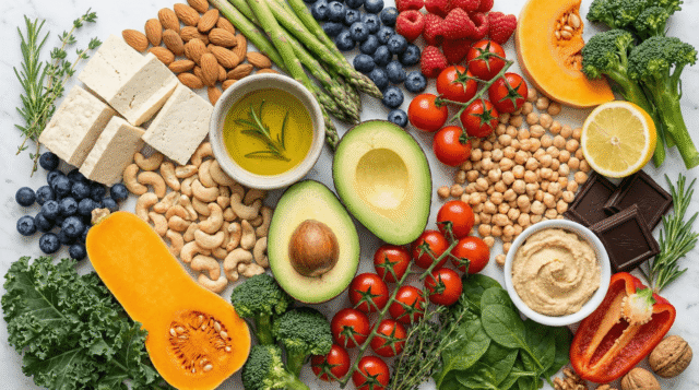 A variety of vegan food on a kitchen counter