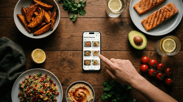 Open meal planning app on a smartphone surrounded by meals