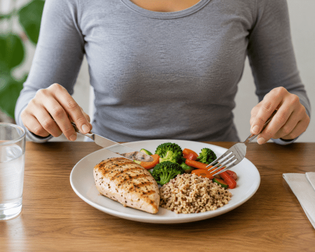 A person starting to eat a healthy low fat meal
