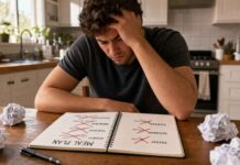 Person looking frustratingly at a notebook full of failed meal planning attempts