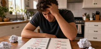 Why Most Meal Planning Fails (And How to Build a Plan You’ll Actually Follow) Person looking frustratingly at a notebook full of failed meal planning attempts
