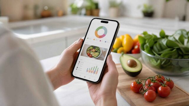 Person looking at a diet app on a cellphone with fresh food in the background