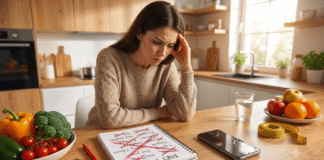 Person looking stressed at a crossed out diet plan in notebook