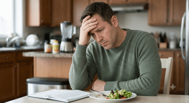 Person looking upset sitting at a table looking in a notebook