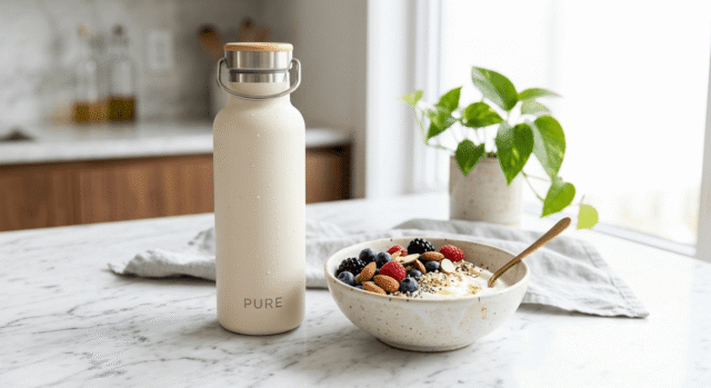 A water bottle and oat bowl on a kitchen counter