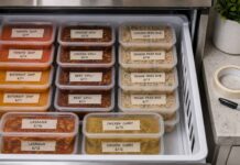 Packed and labeled meals in a freezer drawer