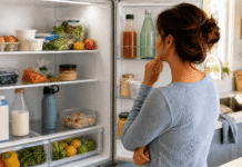 A person looking into a refrigerator stocked with food while deciding what to eat