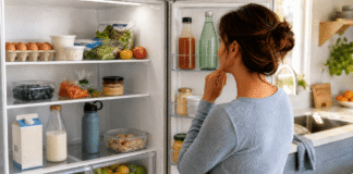 A person looking into a refrigerator stocked with food while deciding what to eat