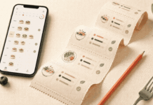 A smartphone displaying a weekly meal plan beside a paper food log with illustrated meals, a pencil, and a fork.