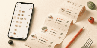A smartphone displaying a weekly meal plan beside a paper food log with illustrated meals, a pencil, and a fork.