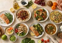 Seven small plates of simple home-cooked dinners, one for each day of a weekly meal plan, surrounded by smaller meals.