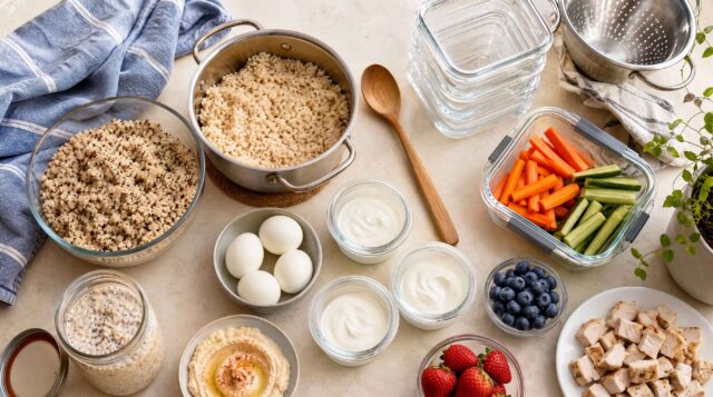 Containers of cooked quinoa, rice, boiled eggs, chopped vegetables and yogurt ready on a kitchen counter prepared for the first few days of the week.
