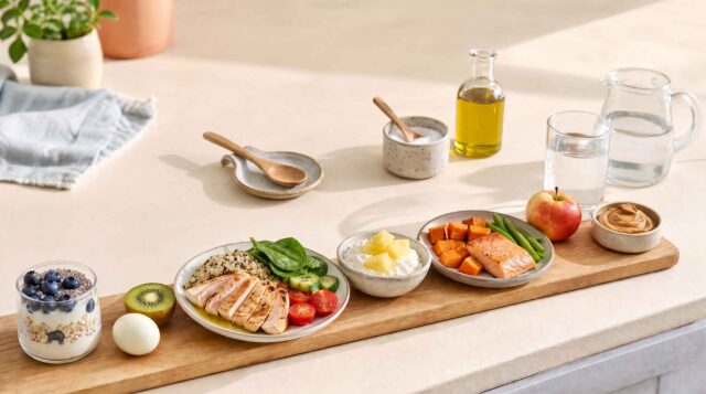 A GLP-1 diet day's meals laid out in order.