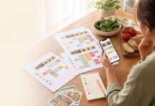 Printed out recipes on the table and eprson looking at meal planning app on their phone