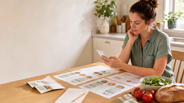 Person sitting at a table looking at their phone with printed out recipes in front of them