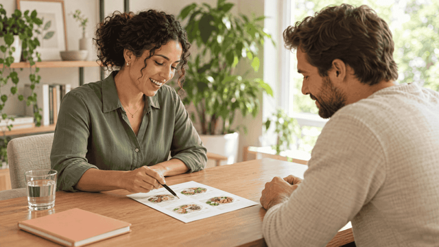 Nutritionist and client discussing a printed meal plan at a table.